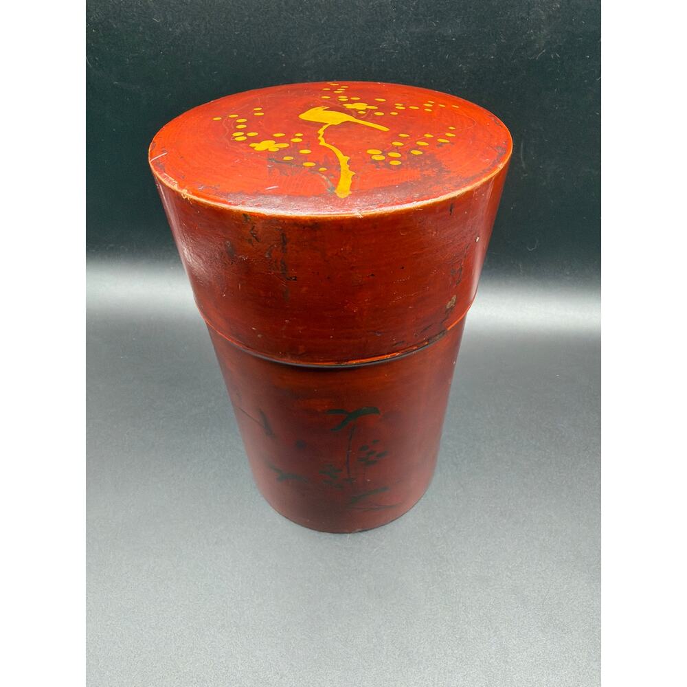 Vintage Japanese Lacquer Tea Caddy Container Red Urushi Wood Jar 7.75”